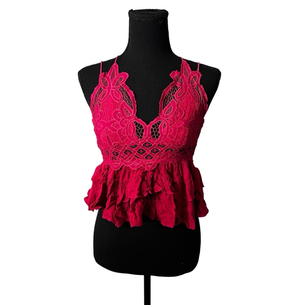 Free People Adella Cami Tank Top Rose Hypnotic Deep V Lace Trim Ruffles XS